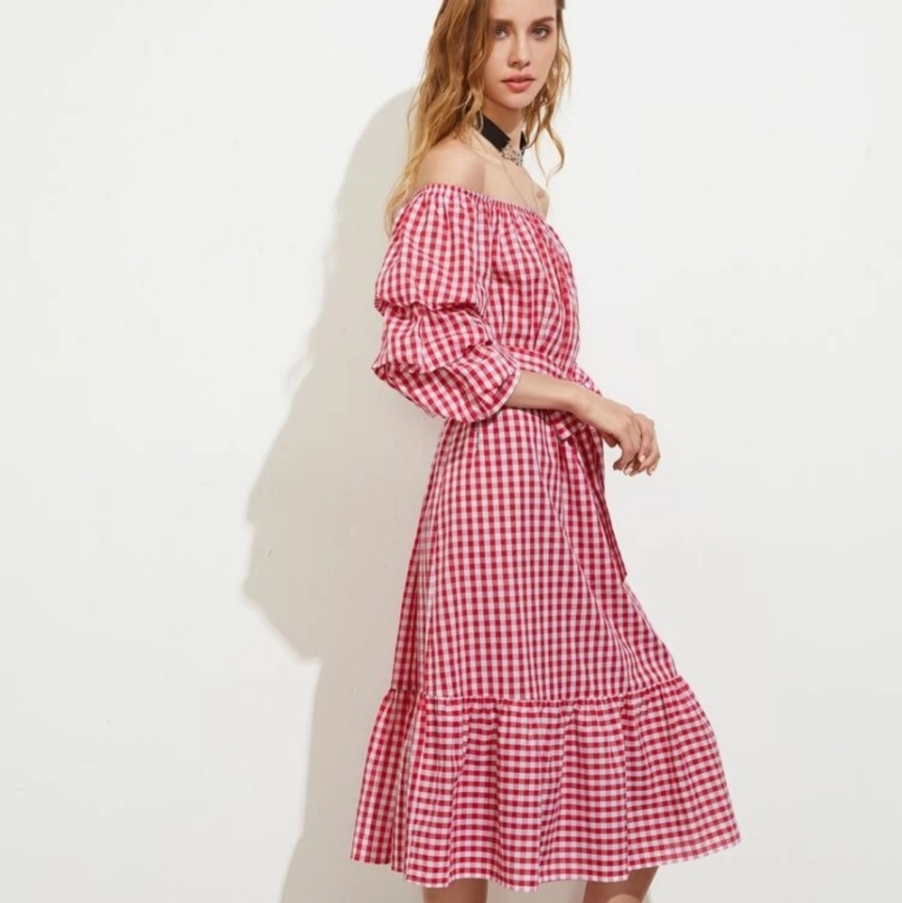 Red Gingham Dramatic Puff Pick Up Sleeves Ruffle Bottom Off Shoulder Dress S - Picture 12 of 15